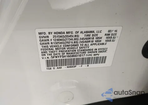 2016 Honda Pilot Lx z USA, uszkodzony, nr VIN 5FNYF5H16GB031017